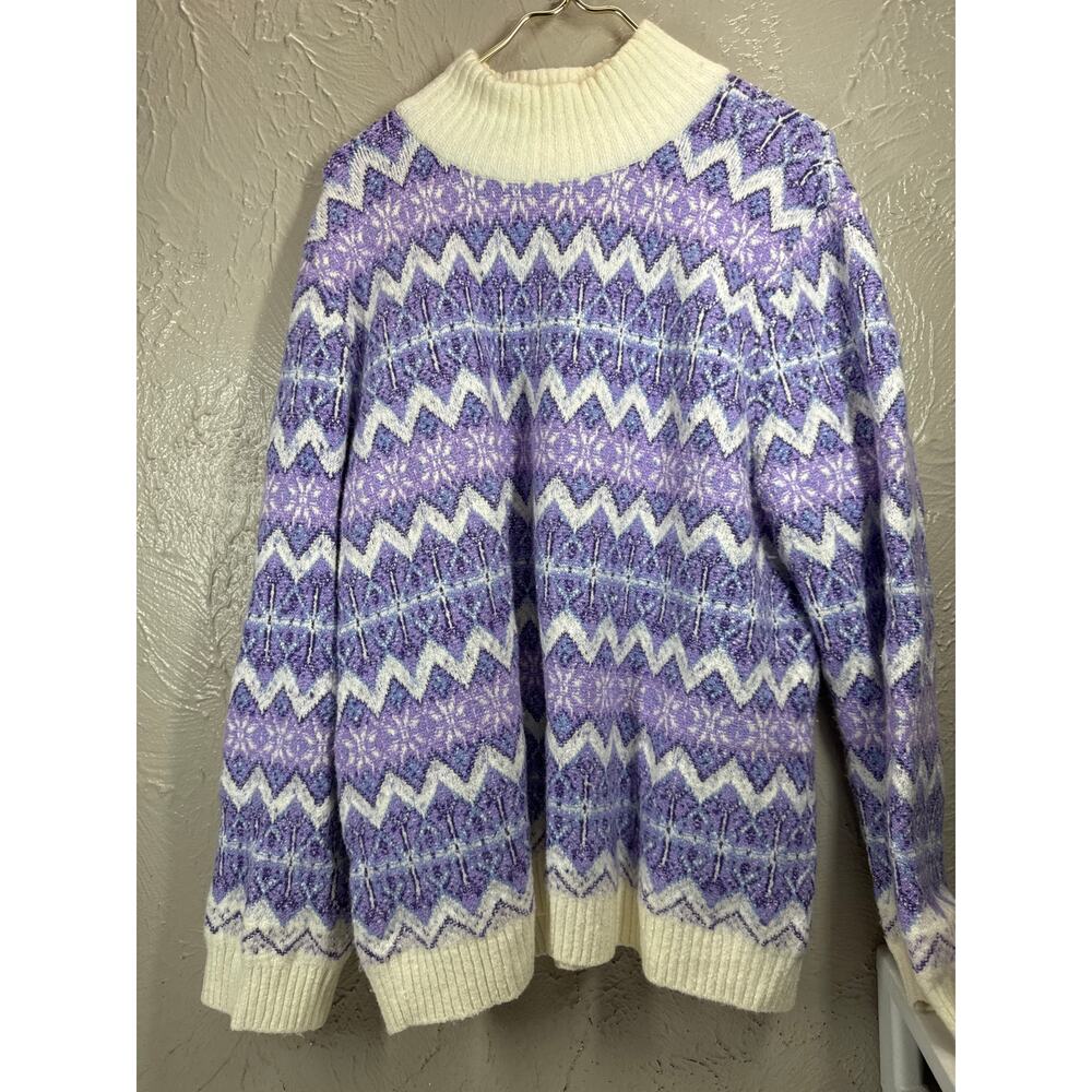 Talbots Sweater Womens Purple Striped Long Sleeve Zig‎ Zag Wool Blend Size XL
